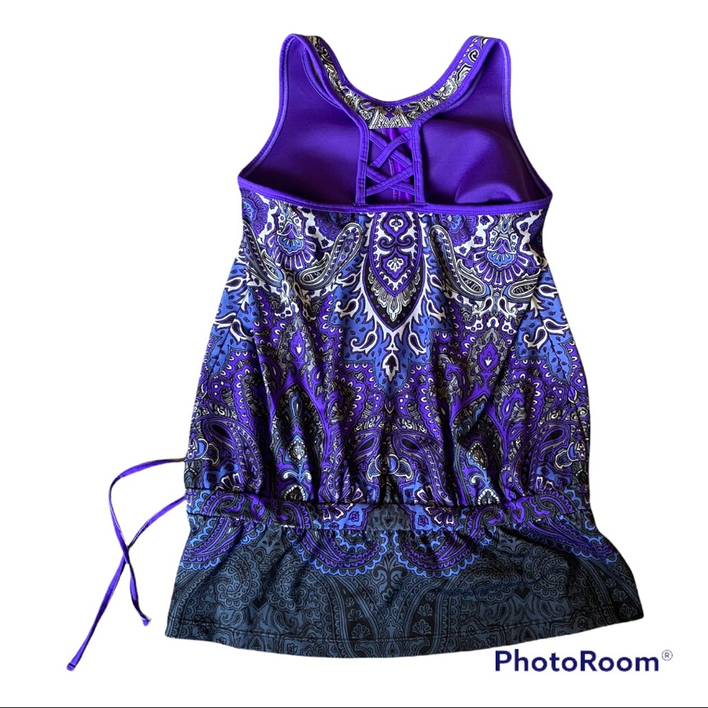Athleta Tic Tac Toe Paisley Purple Racerback Tank Top w/Built in Bra - Picture 3 of 5